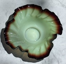 Victorian Bowl Ox Blood Red Rim Art Glass Pistachio Green Cased Glass Ruffled