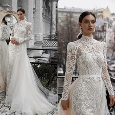 Vintage Mermaid Wedding Dresses Long Sleeves Detachable Train Tulle Bridal Gowns