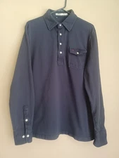 Criquet Men's Long Sleeve 100% Organic Cotton Navy Blue Pocket Polo Shirt XL