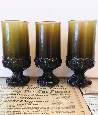 Set Of 3 Vintage Franciscan Madeira Deep Olive Green Footed Glasses - 6.5'' 1970s