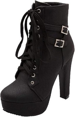 Gr34 Schnür Plateau Stiefeletten High Heels m. Schnürung Blockabsatz Ankle Boots