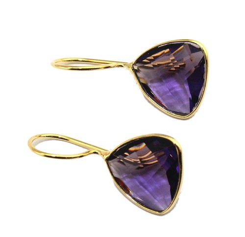 Sale! Trillion Hydro Quartz Chalcedony Gold Plated Dangle Bezel Earrings Jewelry - Picture 24 of 27