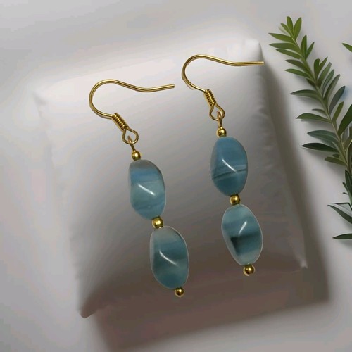 Vintage Style Blue Glass Bead Earrings In Gold Plate.drop Dangle - Picture 4 of 7