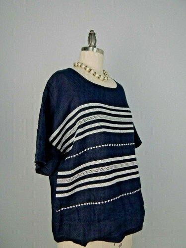 Symple NYC Womens Navy Blue Linen Boxy Short Sleeve Tunic Top Sz L