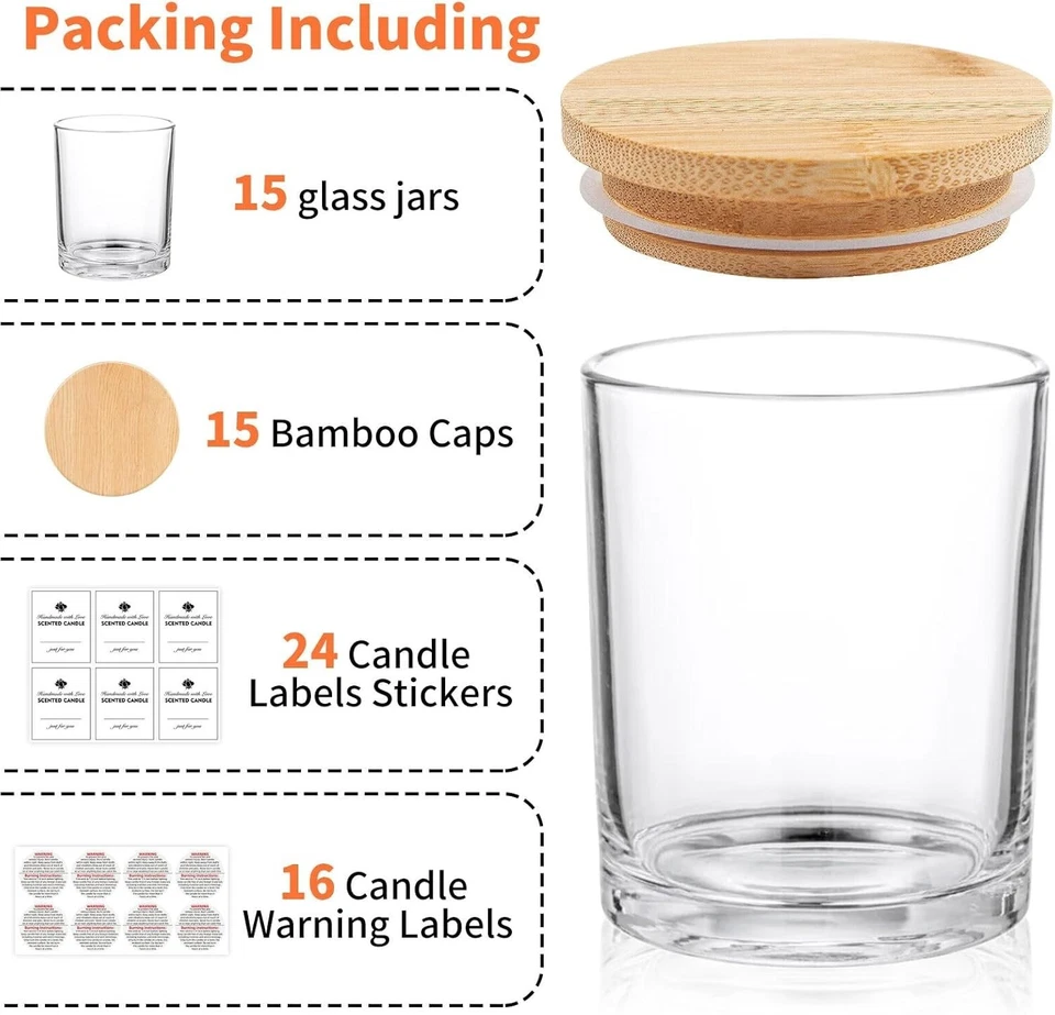 15 Pack Clear Candle Jars with Bamboo Lids 7oz for Candle Making - Image 3 of 4