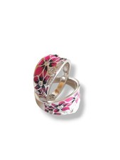 Sterling Silver Enamel Floral Ring Size T – Cubic Zirconia Pave – UK