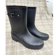 Men's Black Waterproof Rubber Mid-Calf Rain Boots Buckle Accent Size 42