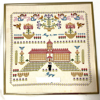 Vtg Completed Framed Counted Cross Stitch Graduation Scene 18x18 Excellent Work