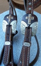 Cross Silver Iron Buckles Conchos Horse Headstall w/Swivel Roller Shank Bit