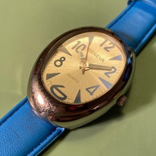 Geneva Watch Women Silver Tone Blue Oval Dial Leather Band New Battery 40mm