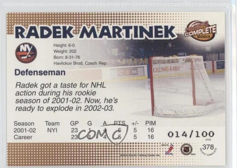 2002-03 Pacific Complete Red /100 Radek Martinek #378 - Image 2 of 2