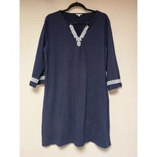 Talbots Tunic Dress Womens Medium Navy Blue Excellent Embroidered Cotton 3/4 Slv