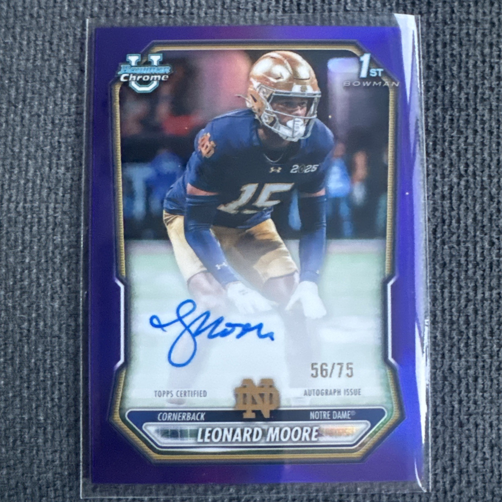 2026 Bowman Chrome LEONARD MOORE 1ST PURPLE REFRACT on Card AUTO /75 Notre Dame