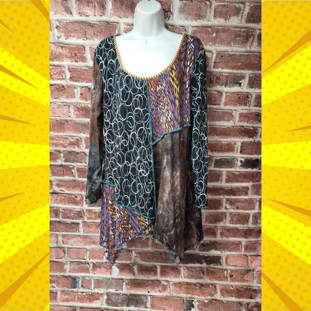 Handmade Women's HAND JIVE Asymmetrical Patchwork Wearable Art Tunic Top XXL