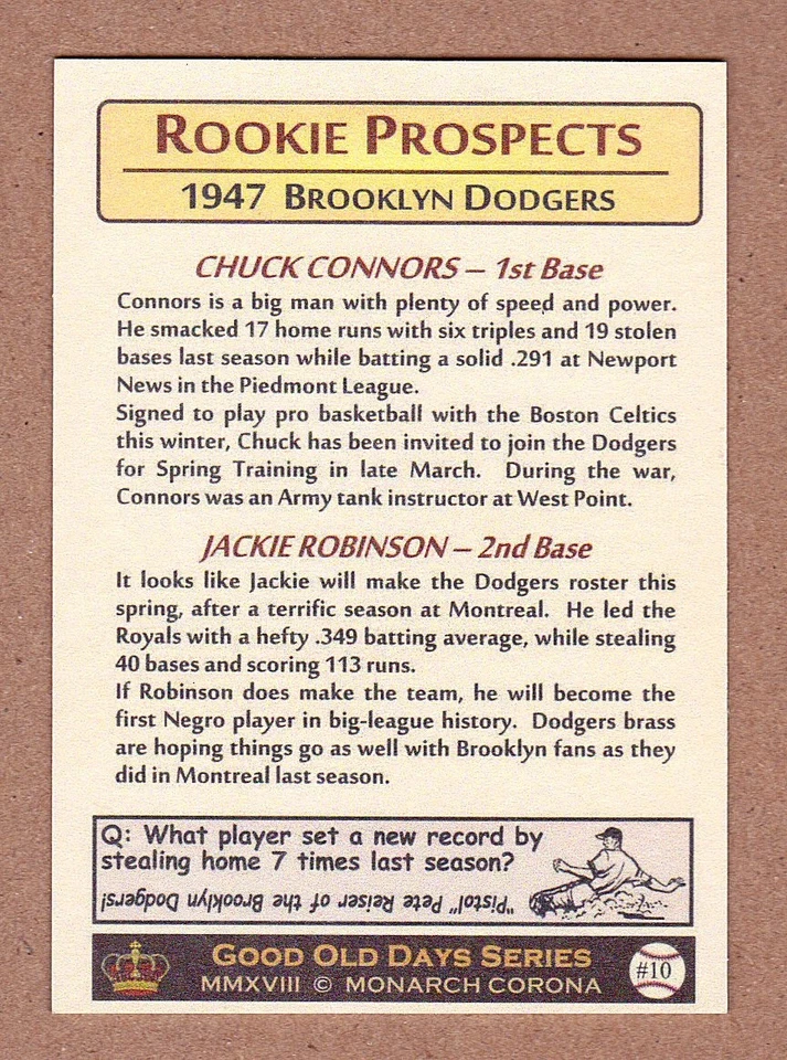 Chuck Connors & Jackie Robinson '47 Dodgers Rookies / Good Old Days #10 / NM+ - Imagem 2 de 2