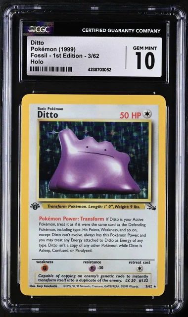 1999 Pokémon Ditto Holo Fossil - 1st Ed. #3/62 CGC 10