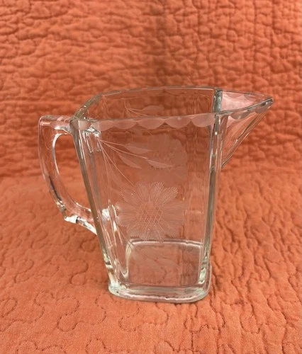 Vintage Etched Floral Depression Glass Small Pitcher Creamer Syrup Flowers