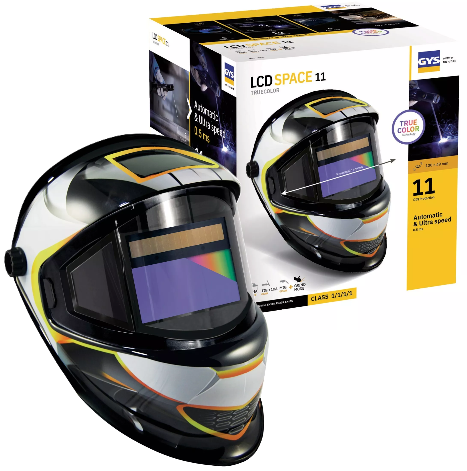 1x GYS LCD Space 11 TrueColor Welding Helmet Panoramic Screen Auto MIG TIG