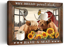 Farmhouse Rustic Highland Cow Bathroom Decor Wall Art Country Sunflowers Cow in