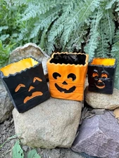 Vtg 1990 Seiote Halloween Candle Holders Set Jack-O-Lantern Trick-or-Treat Bags