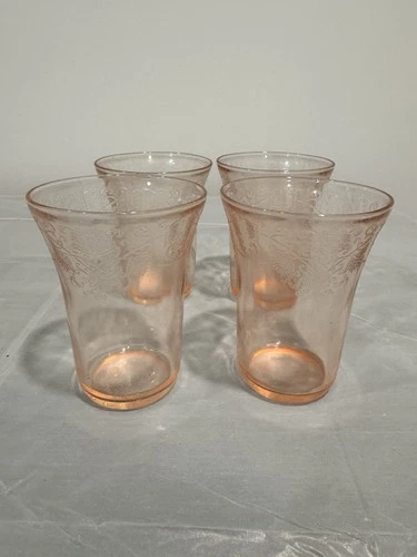 Set of 4 Vintage Pink Depression Glass Tumblers Floral Etched Peach Base