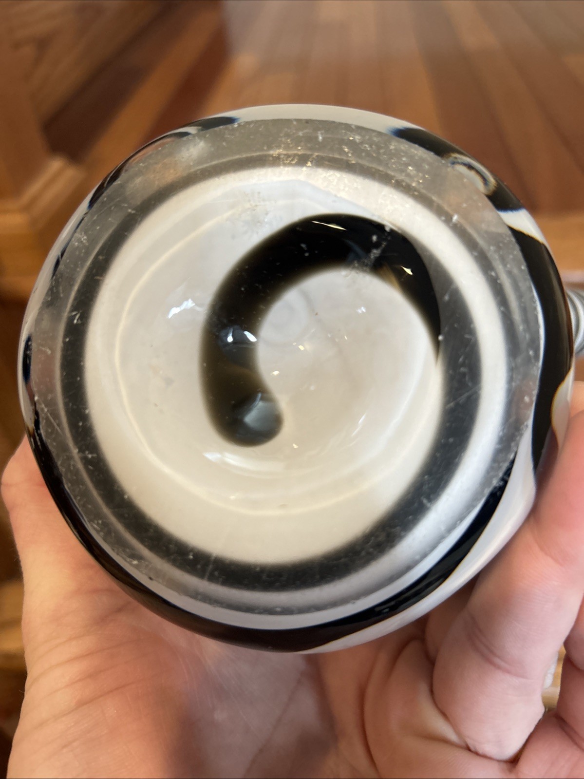 MCM Zorza Art Glass/Candle Holder Hand Made In Poland Black & White Zebra Swirl