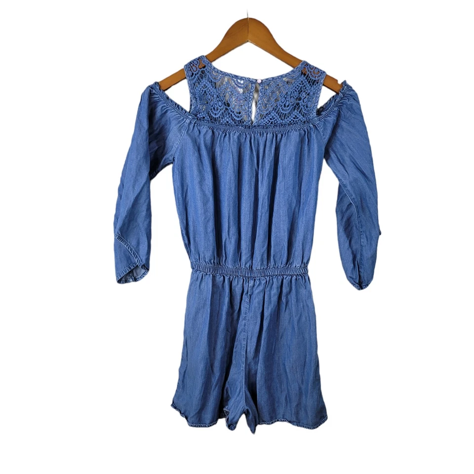 Justice Girls Blue Jean Denim long sleeve Romper Size 14 Jumpsuit Cowgirl  - Image 4 of 4