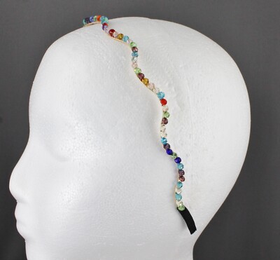 beaded skinny headband narrow metal hair band multicolor bead squiggle 1/8'' wide
