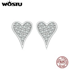 Wostu Real S925 Silver Heart CZ Stud Earrings Jewelry Fashionable Women Gifts