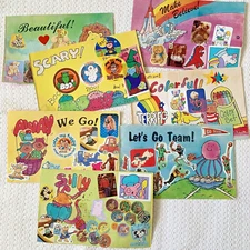 1980s Vintage 7 Pages from Sticker Album Book 100+ Used Stickers Lot As Is