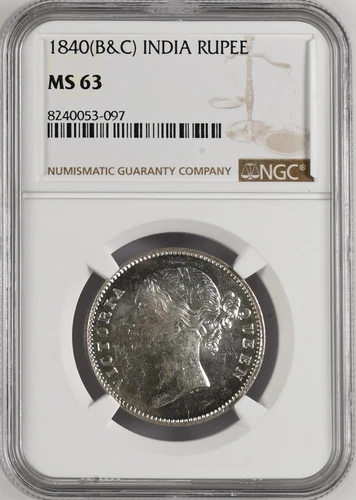 BRITISH INDIA 1840 (B&C) VICTORIA QUEEN ONE RUPEE NGC GRADED AS MS 63 RARE