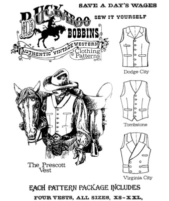 Buckaroo Bobbins Cowboy Western Vest Chest Sizes 34-58'' 4 Styles Sewing Pattern