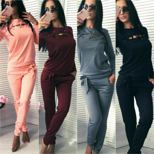 Ladies Tracksuit Set Loungewear Lace Up Sweatshirt Tops Pants Casual Comfy Suit - Picture 4 of 28