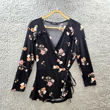 Portmans Womens Wrap Top Size M Black Pink Floral Stretch Knit 3/4 Sleeve