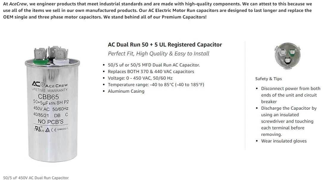 AceCrew Replacement Dual Run Capacitor 50/5 MFD, 50+5 uf 370 - 450