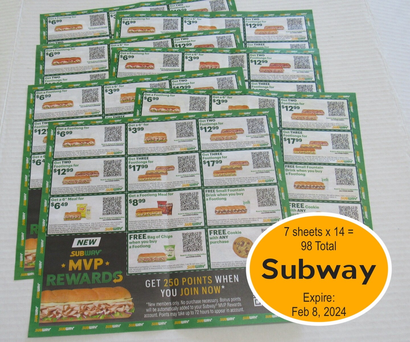 SUBWAY COUPONS 7 Sheets/JAN 2024 Footlongs, Meals, Cookie (Exp 02/08
