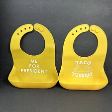 Lot of 2 Bella Tunno Silicone Adjustable Pocket Baby Bib Taco Tues President EUC
