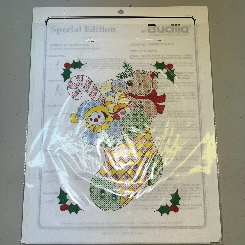 VTG Bucilla Christmas Stamped Cross Stitch Sampler 2 DESIGNS Stocking Horse 1995 - Image 3 of 4