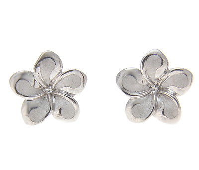 13MM SOLID 14K WHITE GOLD HAWAIIAN FANCY PLUMERIA FLOWER STUD POST EARRINGS