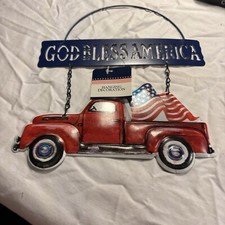 Metal Welcome Patriotic Red Pick Up Hanging Decoration- God Bless America