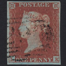 Y13_06 GB QV 1841 1d RED-BROWN PLATE 129 SG8-B1(1) LK VFU LIGHT CANCEL 4 MARGINS