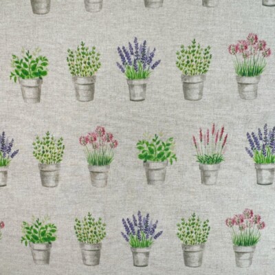 Baumwollreiche Leinenoptik Digital Stoff Blumentöpfe Lavendel Pflanzen Gartenarbeit