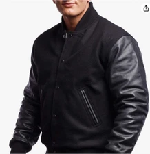 Varsity Base Premium Classic Snap Button Letterman Jacket, Black Sz-M