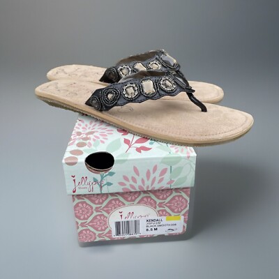 JELLY POP WOMENS SIZE FLIP FLOPS GEMS SANDALS KENDALL BLACK RUBBER SOLE  SLIP