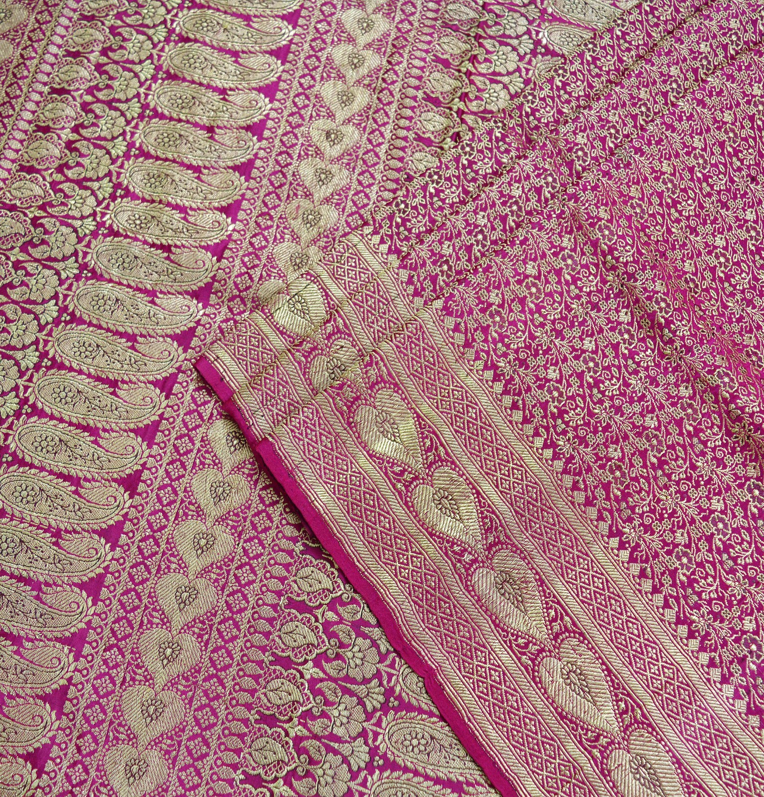 Vintage Sari Heavy Wedding Pure Satin Silk Rani Pink Banarasi Brocade Saree 5yd