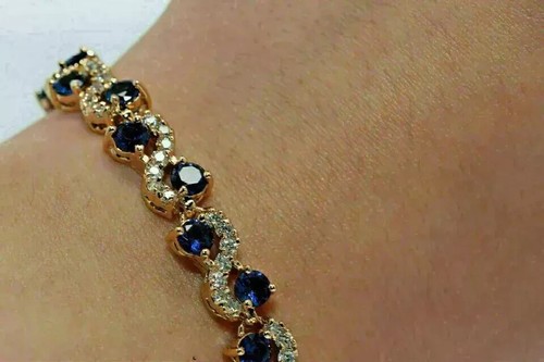 6.35 Ct Round Cut Blue Sapphire Tennis Bracelet 14k Yellow Gold Plated Silver - Picture 6 of 9