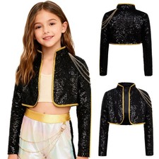US Kids Girls Jacket Tops Singer Cosplay Costume Shiny Sequins Party Outerwear