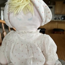 Rare vtg Eden Toys Cloth Prairie Lovey Doll Blonde rose bud Floral Dress Hat 15"