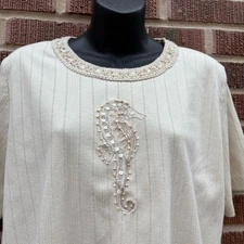 Alfred Dunner Womens Sz M Cotton Blend Short sleeve beaded Embellished Seahorse