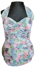 Ruby Ribbon Green/Pink Floral Stretch Bra Halter Tankini Ruched Swimsuit Top 6